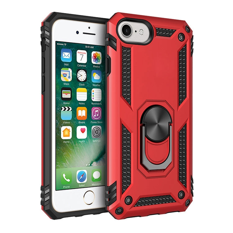 Rugged red protective phone case with raised edges and rotating ring stand