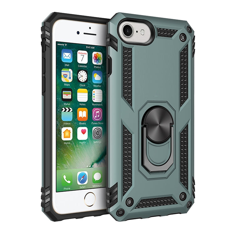 Rugged teal protective phone case with raised edges and rotating ring stand