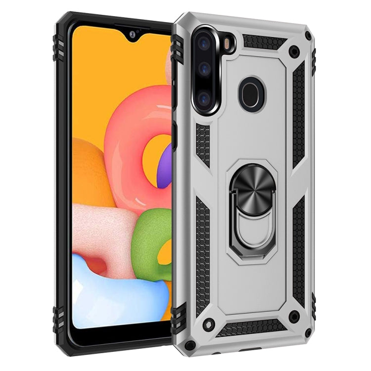 Rugged silver protective phone case with raised edges and rotating ring stand