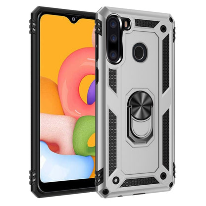 Rugged silver protective phone case with raised edges and rotating ring stand