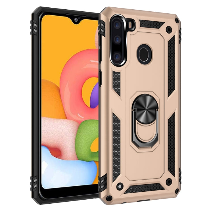 Rugged beige protective phone case with raised edges and rotating ring stand