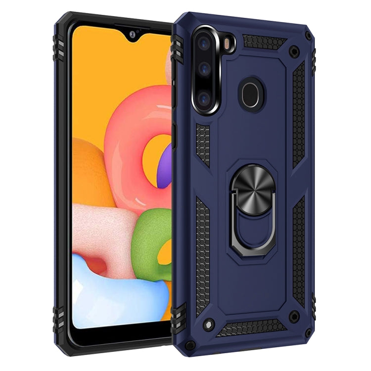Rugged navy blue protective phone case with raised edges and rotating ring stand