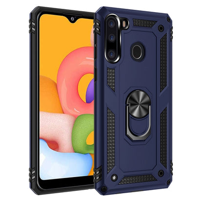 Rugged navy blue protective phone case with raised edges and rotating ring stand