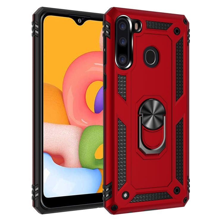Rugged red protective phone case with raised edges and rotating ring stand