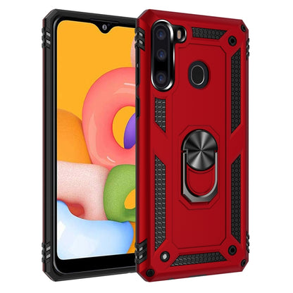Rugged red protective phone case with raised edges and rotating ring stand
