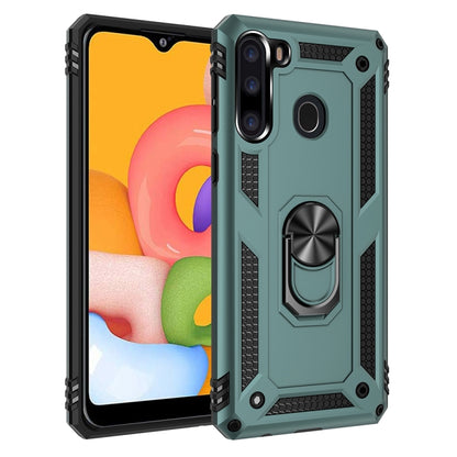 Shockproof phone case in dark teal with rotating ring holder and raised edges
