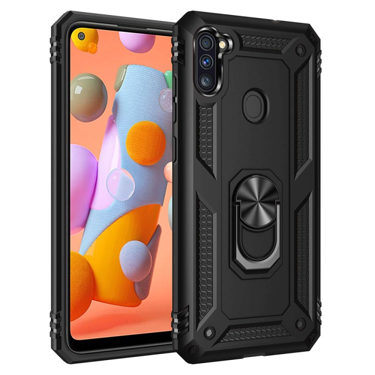 Shockproof phone case in black with rotating ring holder and textured grip corners