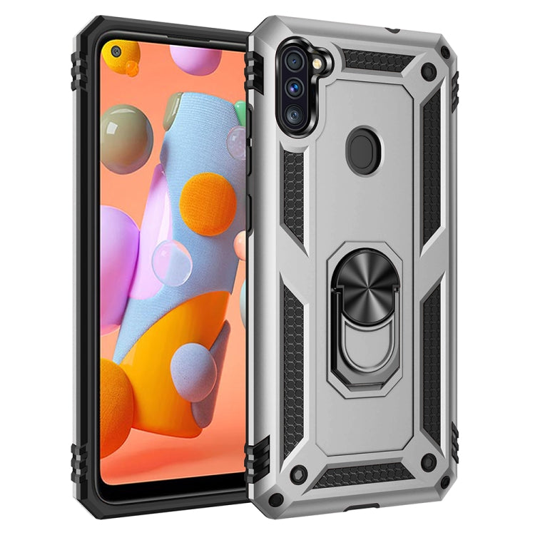 Shockproof phone case in silver with rotating ring holder and textured side grips