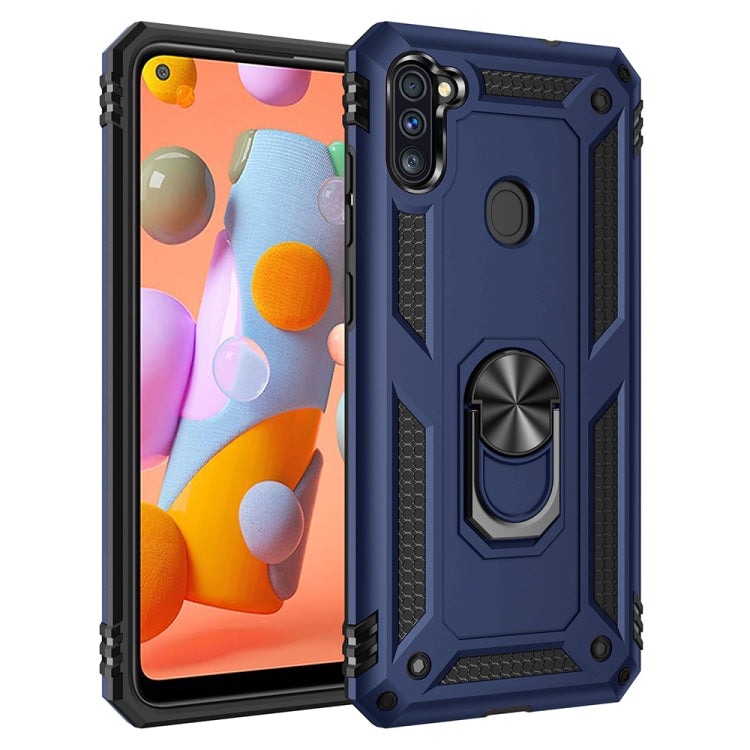Shockproof phone case in blue with rotating ring holder and raised camera protection