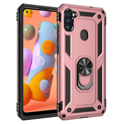 Shockproof phone case in rose pink with rotating ring holder and textured grip