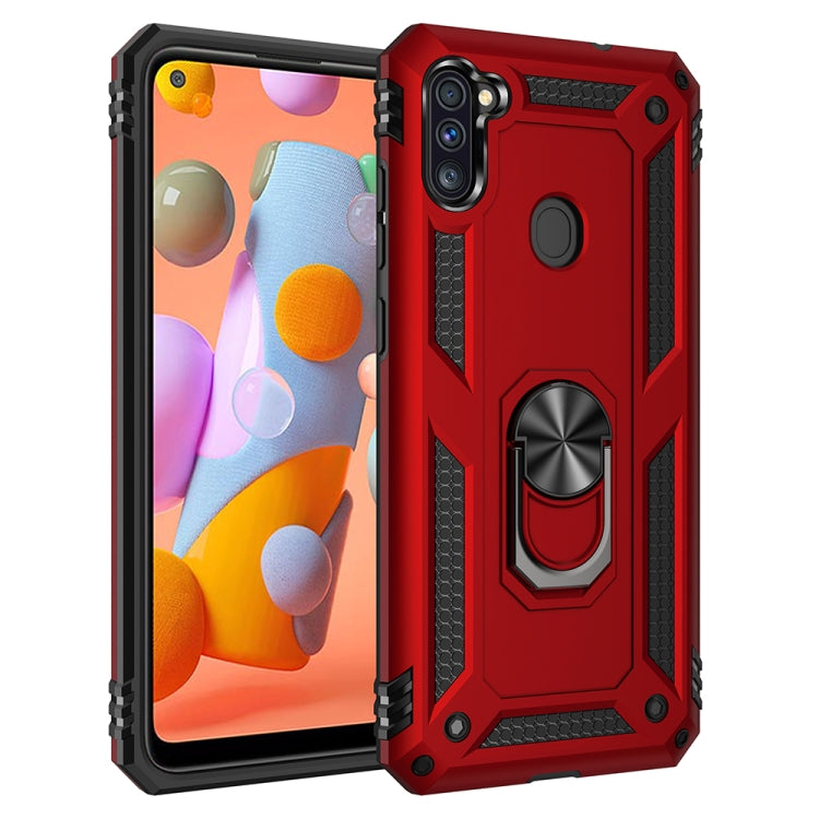 Shockproof phone case in red with rotating ring holder and shock-absorbing frame