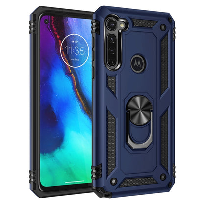 Shockproof phone case in blue with rotating ring holder and raised camera cover