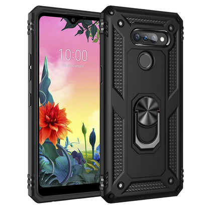 Shockproof phone case in black with rotating ring holder and rugged textured design