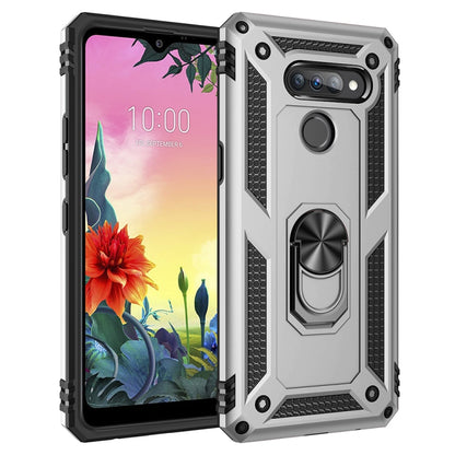 Shockproof phone case in silver with rotating ring holder and protective corner bumpers