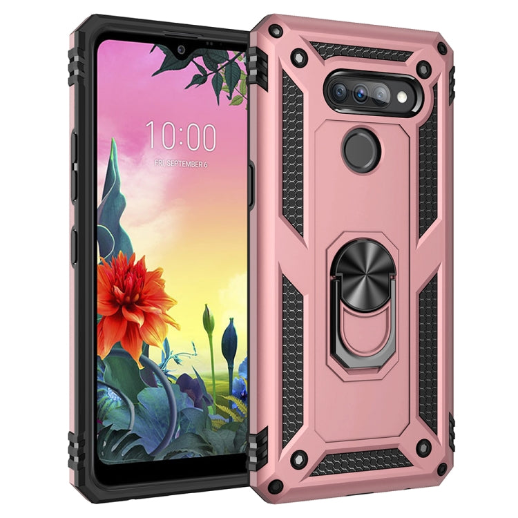 Shockproof phone case with 360 rotating ring holder, rose pink and black TPU+PC armor