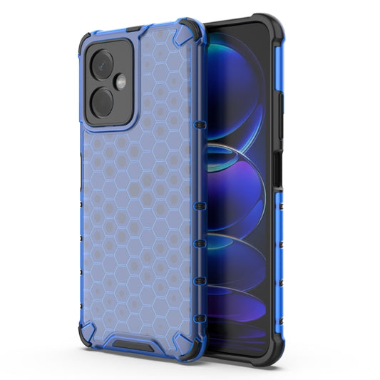 Blue shockproof phone case with honeycomb pattern, raised camera cutouts and grips