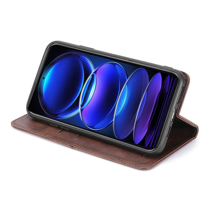 Cow-textured magnetic leather phone case, dark brown flip stand for phone viewing