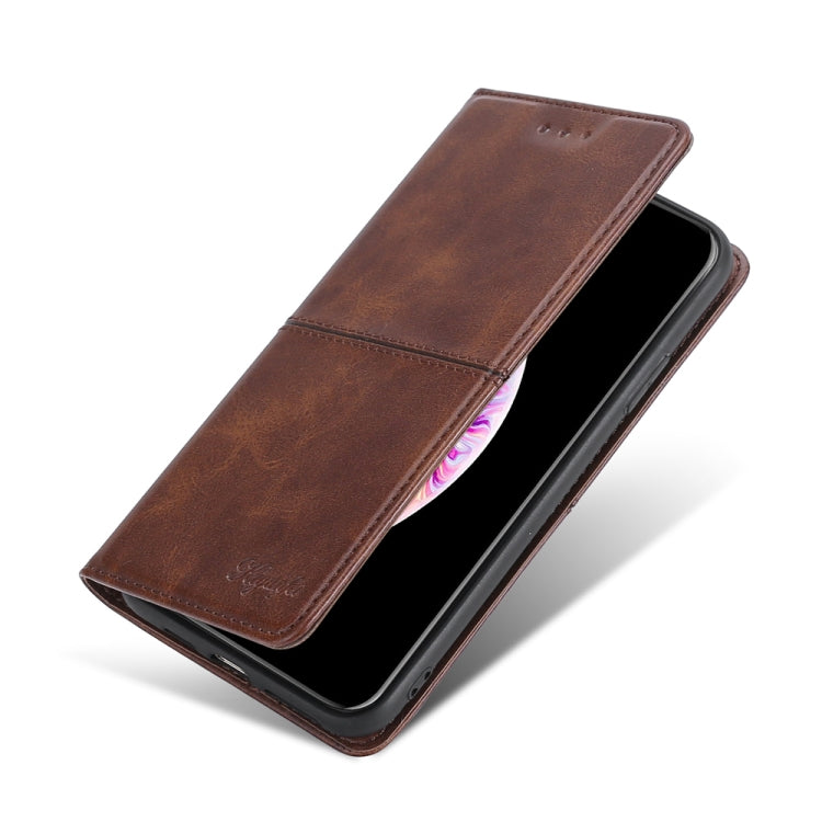 Cow-textured magnetic leather phone case, dark brown folio cover protecting the phone