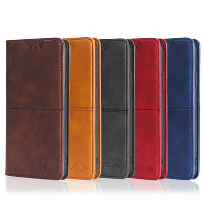 Cow-textured magnetic leather phone cases in brown, orange, gray, red, and blue