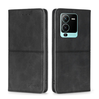 Black magnetic cow leather phone wallet case with flip cover and raised camera window