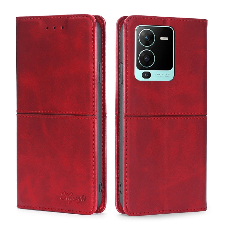 Red magnetic cow leather phone wallet case with flip cover and raised camera window