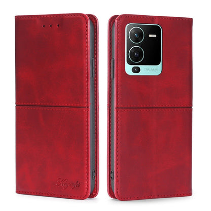 Red magnetic cow leather phone wallet case with flip cover and raised camera window