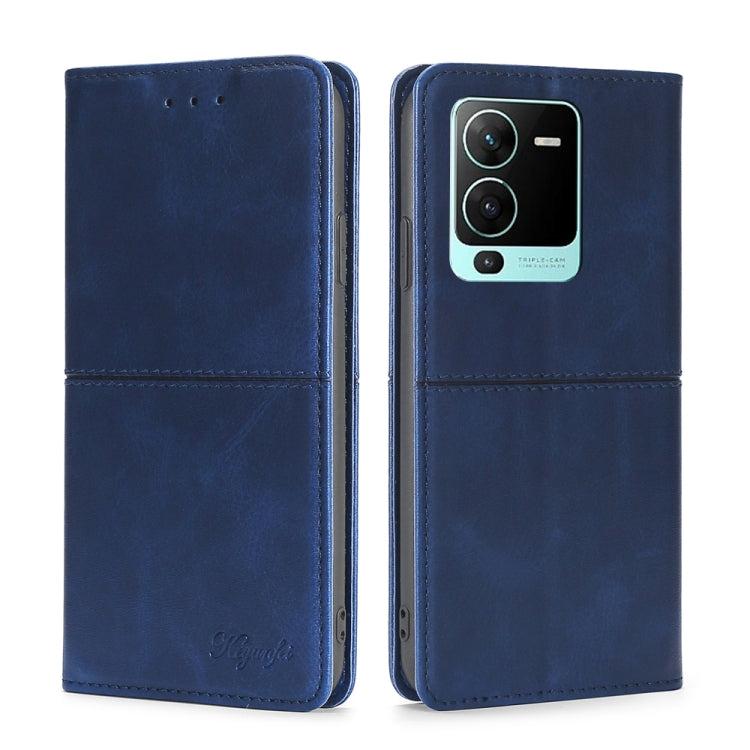 Blue magnetic cow leather phone wallet case with flip cover and raised camera window