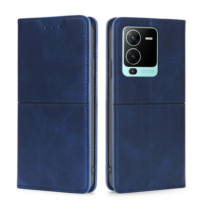 Blue magnetic cow leather phone wallet case with flip cover and raised camera window