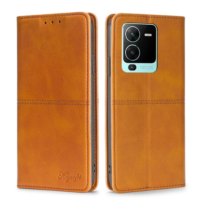 Light brown magnetic cow leather phone wallet case with flip cover and raised camera window