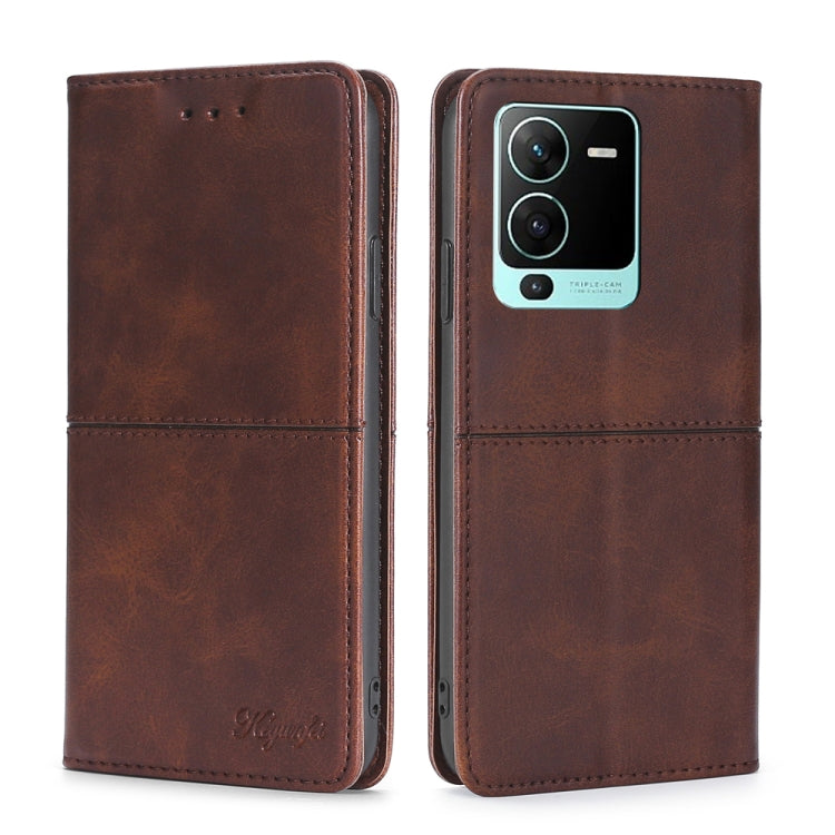 Cow-texture leather phone case with magnetic folio cover, brown with camera cutout