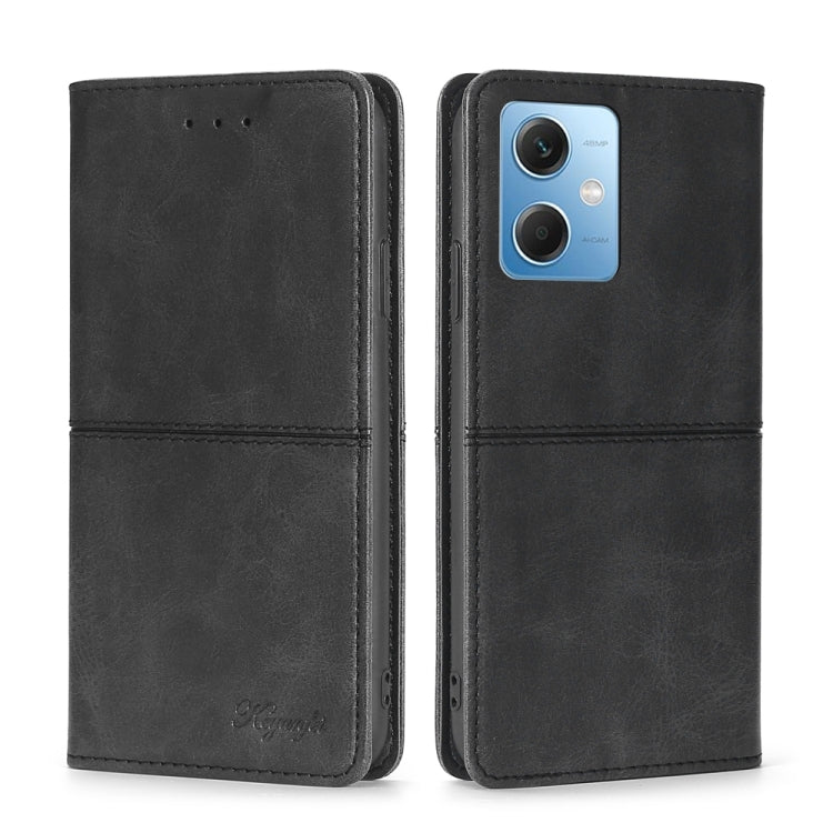 Cow-texture leather phone case with magnetic folio cover, black with camera cutout
