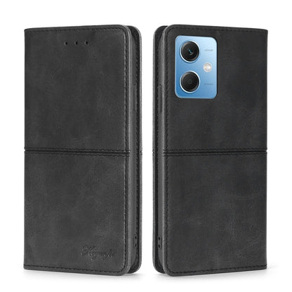 Cow-texture leather phone case with magnetic folio cover, black with camera cutout