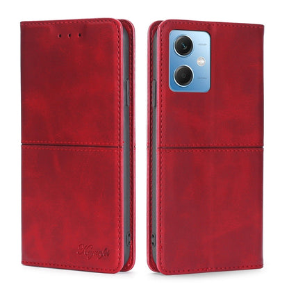 Cow-texture leather phone case with magnetic folio cover, red with camera cutout