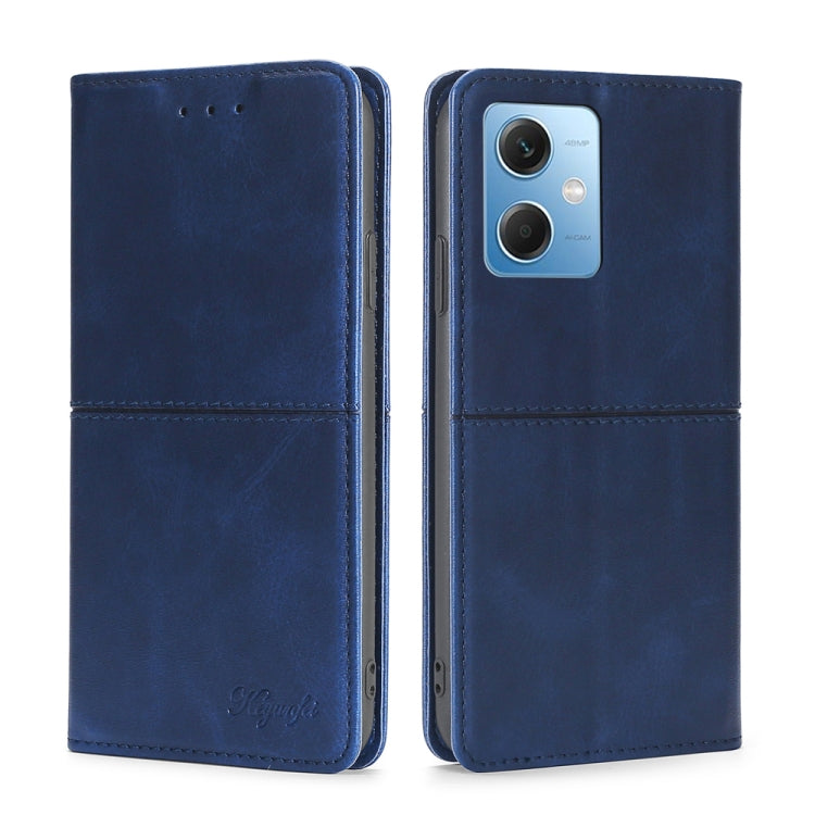 Cow-texture leather phone case with magnetic folio cover, blue with camera cutout