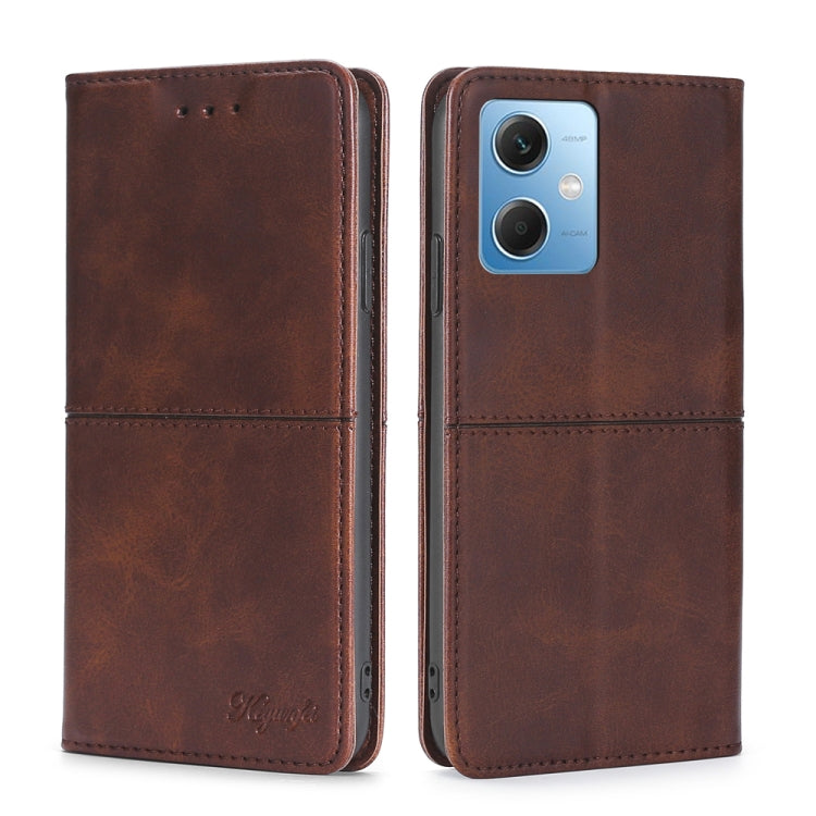 Cow-texture leather phone case with magnetic folio cover, brown stitched design