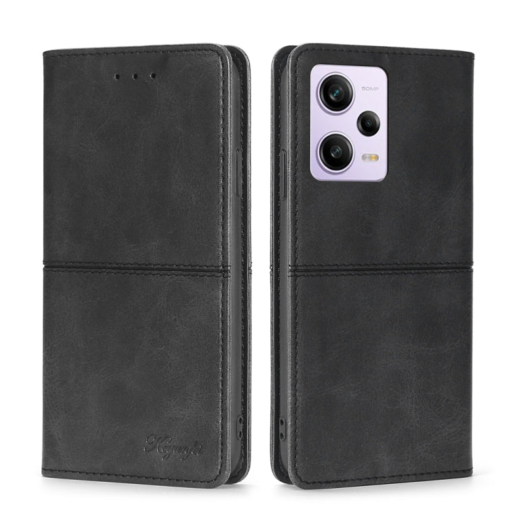 Cow-texture leather phone case with magnetic folio cover, black back camera window