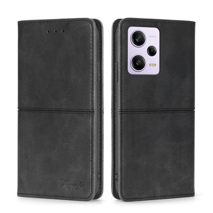 Cow-texture leather phone case with magnetic folio cover, black back camera window