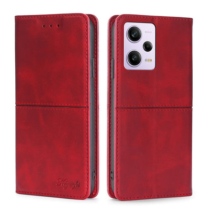 Cow-texture leather phone case with magnetic folio cover, red back camera window