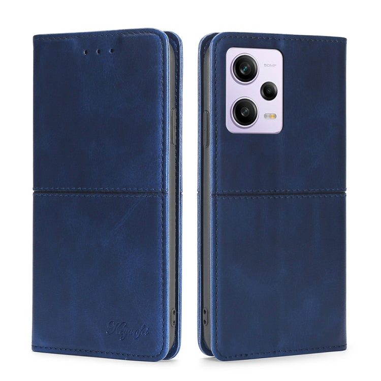 Cow-texture leather phone case with magnetic folio cover, blue back camera window