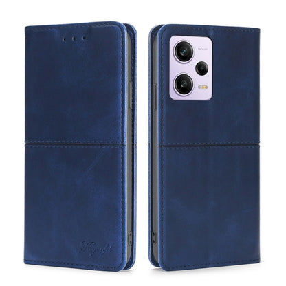 Cow-texture leather phone case with magnetic folio cover, blue back camera window