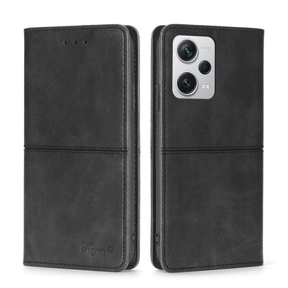Cow-texture leather phone case, black, flip wallet with camera cutout and side ports