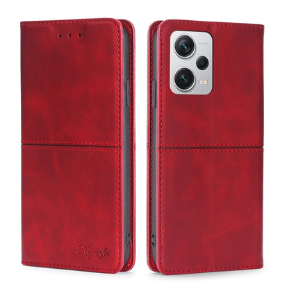 Cow-texture leather phone case, red, flip wallet with camera cutout and side buttons