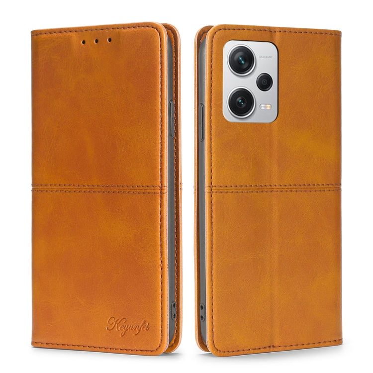 Cow-texture leather phone case, light brown, flip wallet with camera cutout and side buttons
