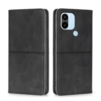 Cow-texture leather phone case, black, flip wallet with camera cutout and side ports
