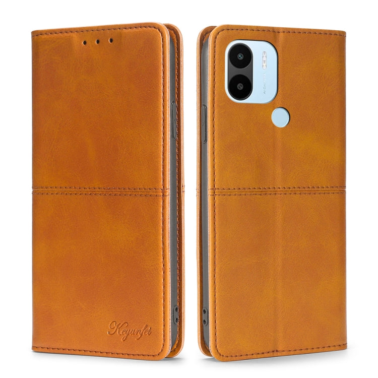 Cow-texture leather phone case, light brown, flip wallet with camera cutout and side buttons