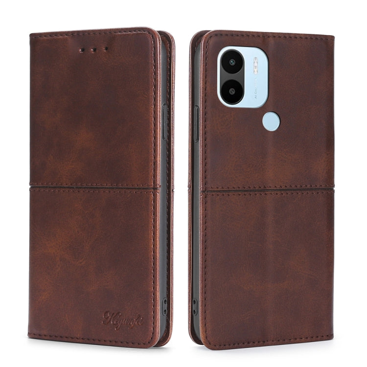 Cow-texture magnetic leather phone case, brown flip folio with camera cutout and speaker holes