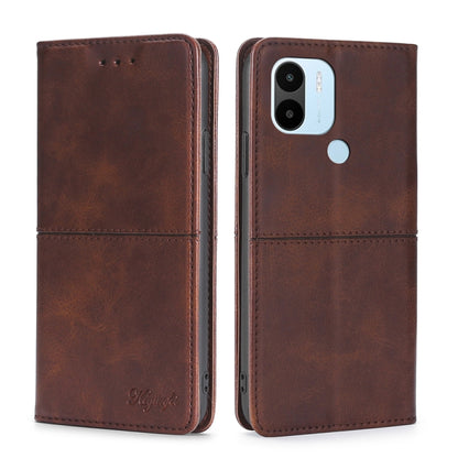 Cow-texture magnetic leather phone case, brown flip folio with camera cutout and speaker holes