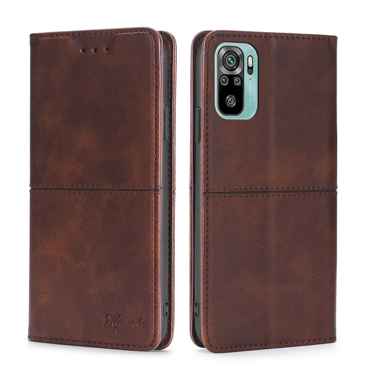 Cow-texture magnetic leather phone case, dark brown flip folio with camera cutout and speaker holes