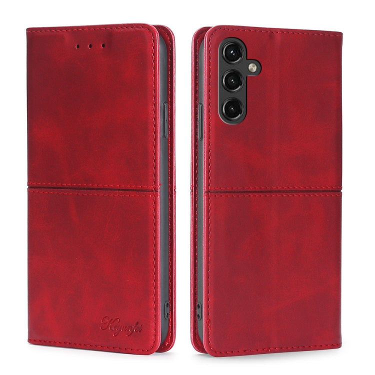 Cow-texture magnetic leather phone case, red flip folio with camera cutout and speaker holes