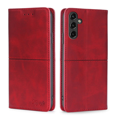 Cow-texture magnetic leather phone case, red flip folio with camera cutout and speaker holes